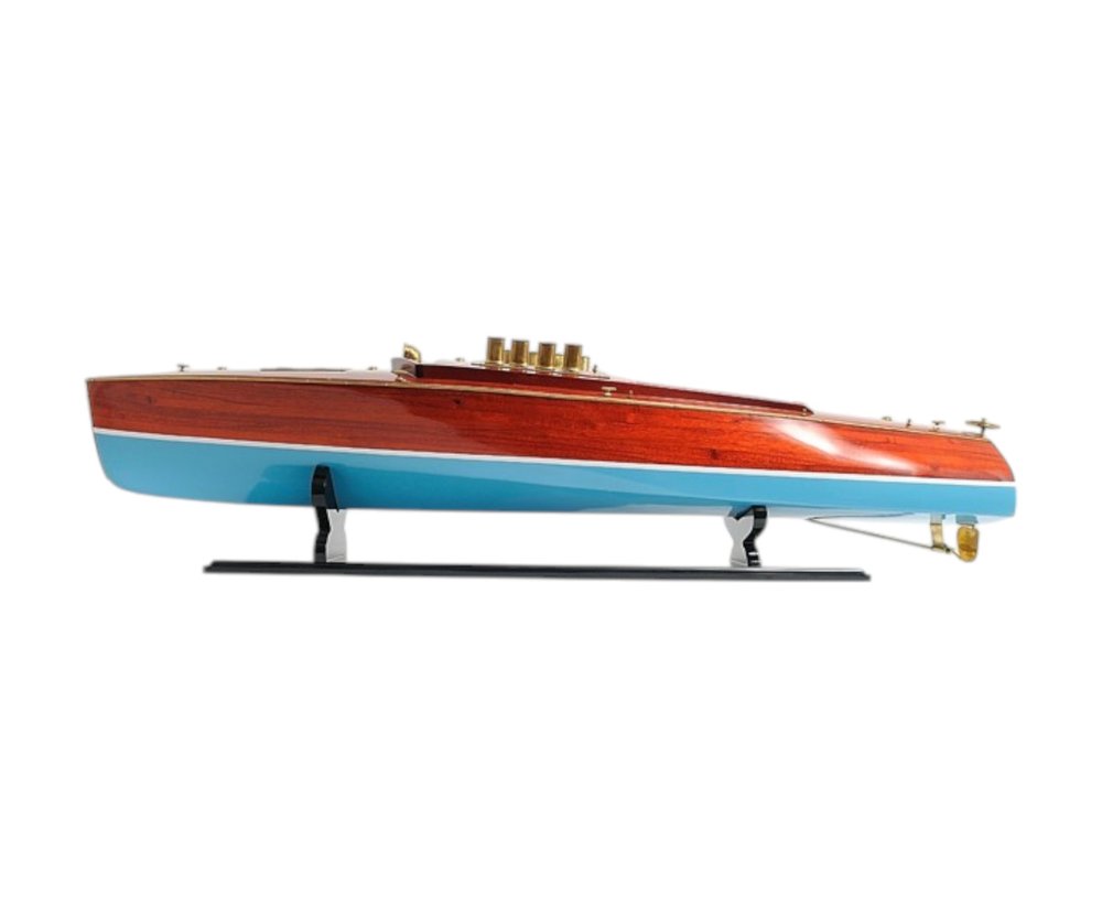 9" Blue and Brown Solid Wood Hand Painted Model Boat Tabletop Sculpture HomeRoots