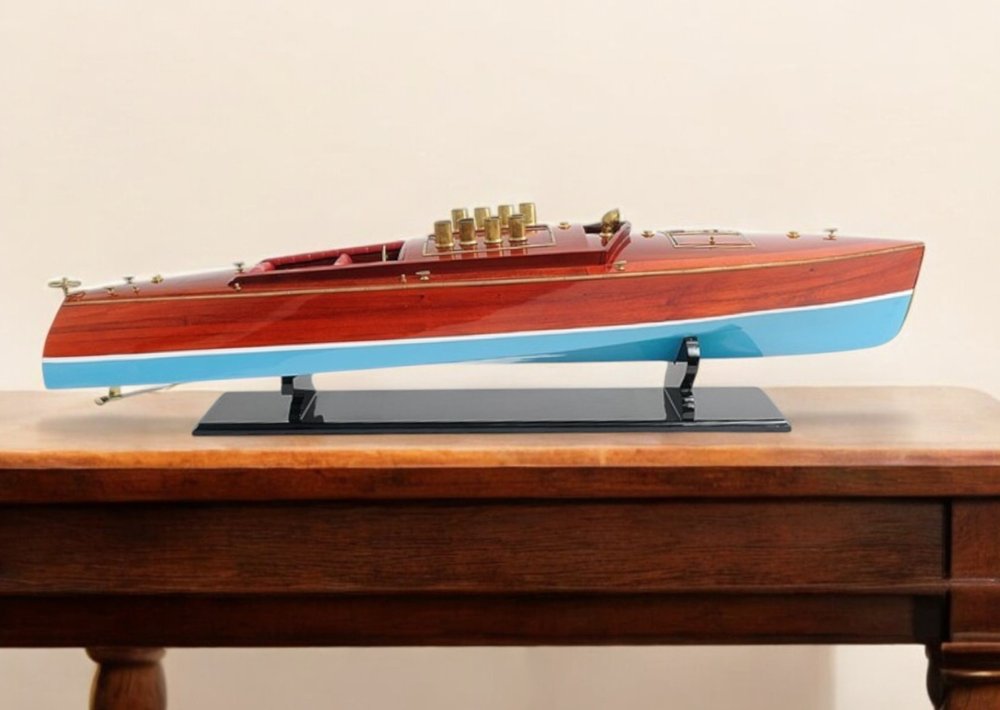 9" Blue and Brown Solid Wood Hand Painted Model Boat Tabletop Sculpture HomeRoots