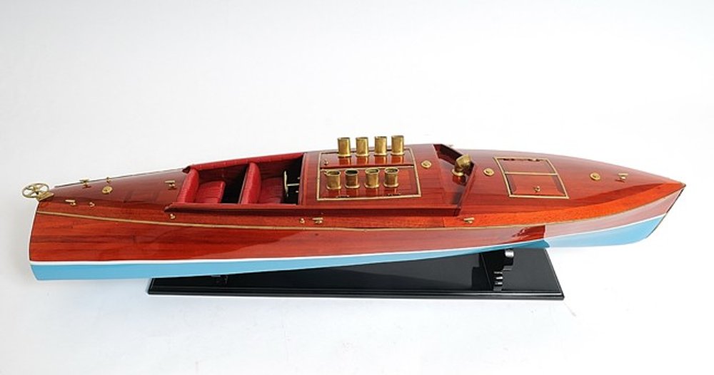 9" Blue and Brown Solid Wood Hand Painted Model Boat Tabletop Sculpture HomeRoots