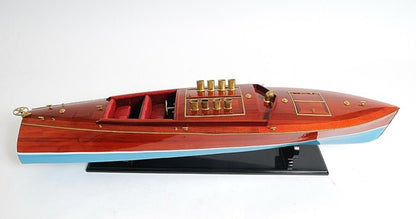 9" Blue and Brown Solid Wood Hand Painted Model Boat Tabletop Sculpture HomeRoots