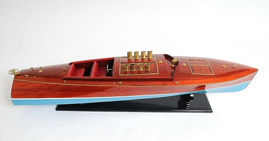9" Blue and Brown Solid Wood Hand Painted Model Boat Tabletop Sculpture HomeRoots
