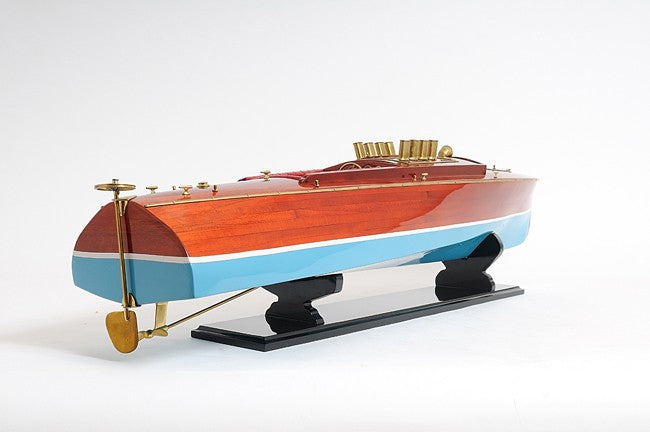 9" Blue and Brown Solid Wood Hand Painted Model Boat Tabletop Sculpture