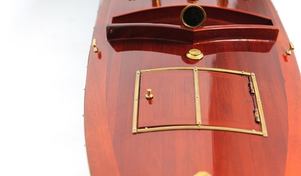 9" Blue and Brown Solid Wood Hand Painted Model Boat Tabletop Sculpture HomeRoots