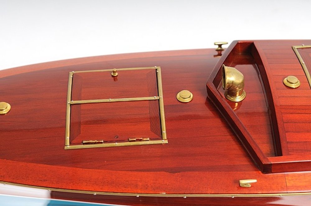 9" Blue and Brown Solid Wood Hand Painted Model Boat Tabletop Sculpture HomeRoots