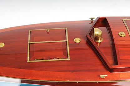 9" Blue and Brown Solid Wood Hand Painted Model Boat Tabletop Sculpture HomeRoots