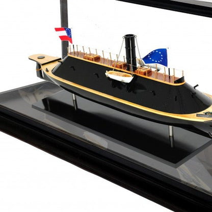 16" Brown and Black Solid Wood Hand Painted CSS Virginia Display Case Model Boat HomeRoots