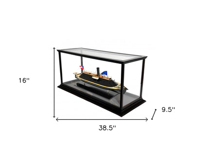 16" Brown and Black Solid Wood Hand Painted CSS Virginia Display Case Model Boat