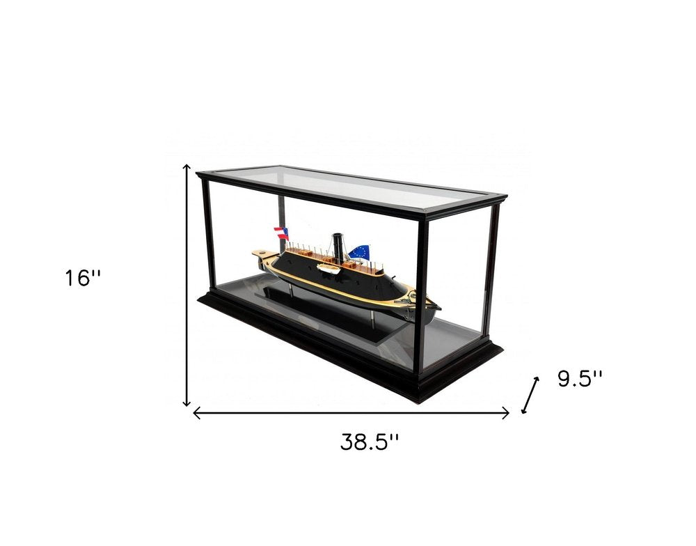 16" Brown and Black Solid Wood Hand Painted CSS Virginia Display Case Model Boat HomeRoots