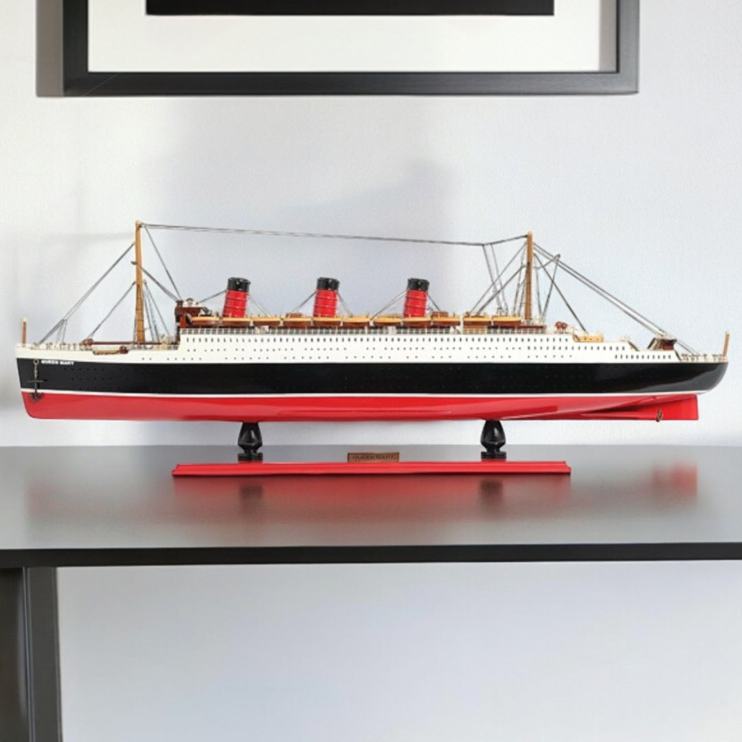 12" Black and Red Solid Wood Hand Painted RMS Queen Mary Large Model Boat