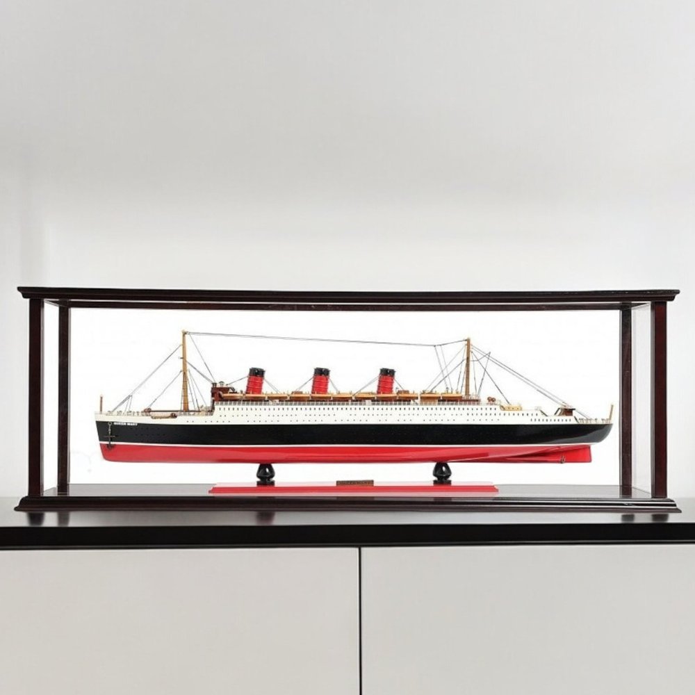 15" Black and Red Solid Wood Hand Painted RMS Queen Mary Large Display Case Model Boat HomeRoots