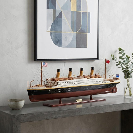 14" Black And Red Solid Wood Hand Painted Boat Model Boat