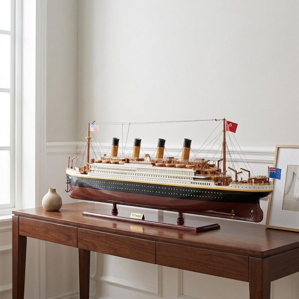 11" Black And Red Solid Wood Hand Painted Boat Model Boat — view 7