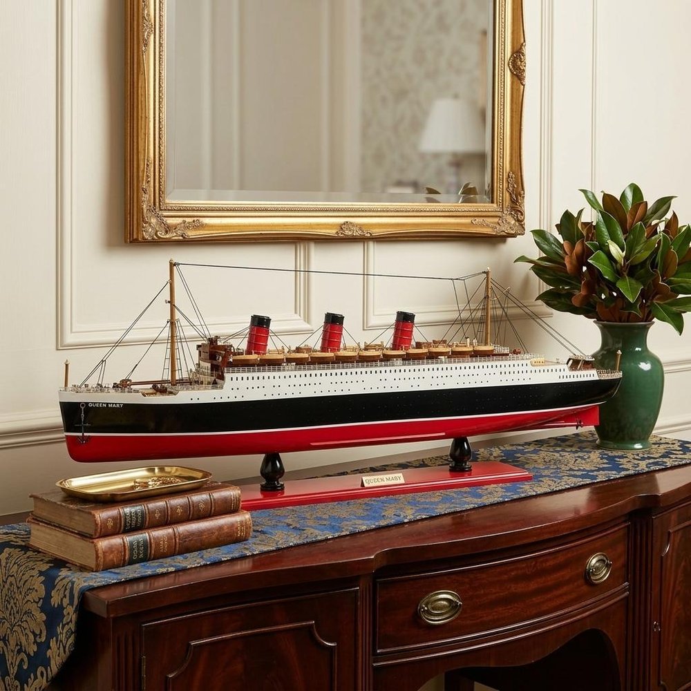 5" Black and Red Solid Wood Hand Painted RMS Queen Mary Model Boat HomeRoots