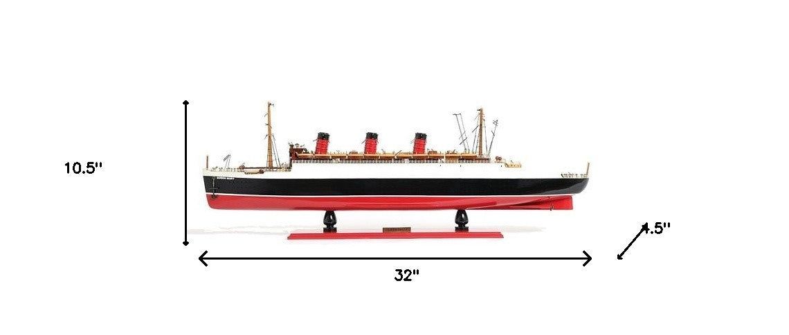 5" Black and Red Solid Wood Hand Painted RMS Queen Mary Model Boat