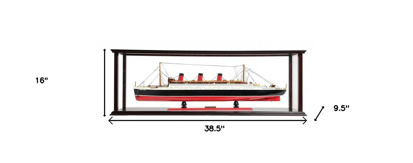 16" Black and Red Solid Wood Hand Painted RMS Queen Mary Medium Display Case Model Boat