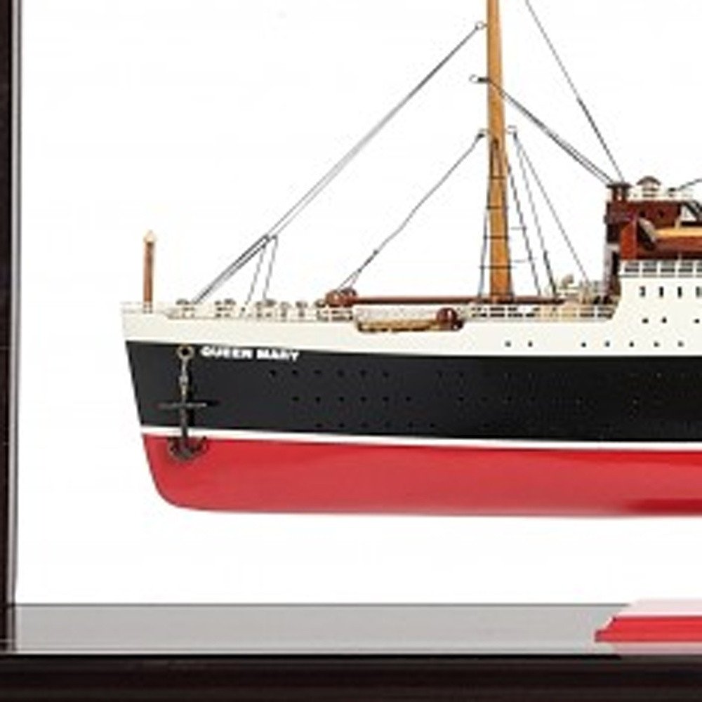 16" Black and Red Solid Wood Hand Painted RMS Queen Mary Medium Display Case Model Boat HomeRoots