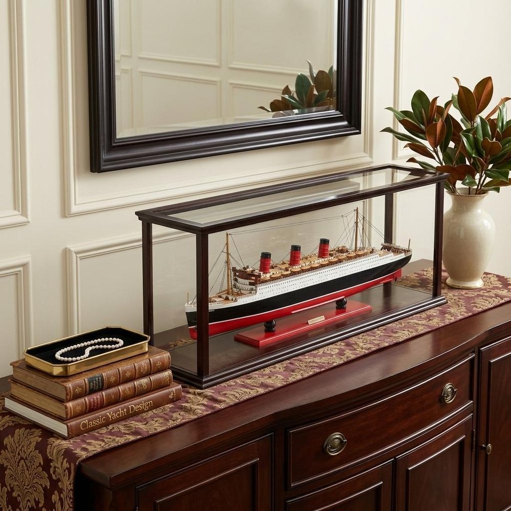 16" Black and Red Solid Wood Hand Painted RMS Queen Mary Medium Display Case Model Boat HomeRoots