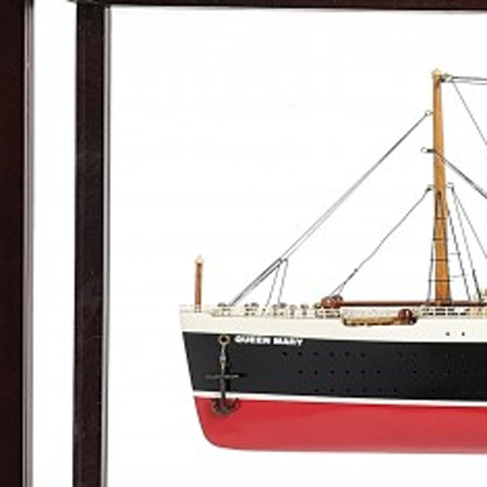 16" Black and Red Solid Wood Hand Painted RMS Queen Mary Medium Display Case Model Boat