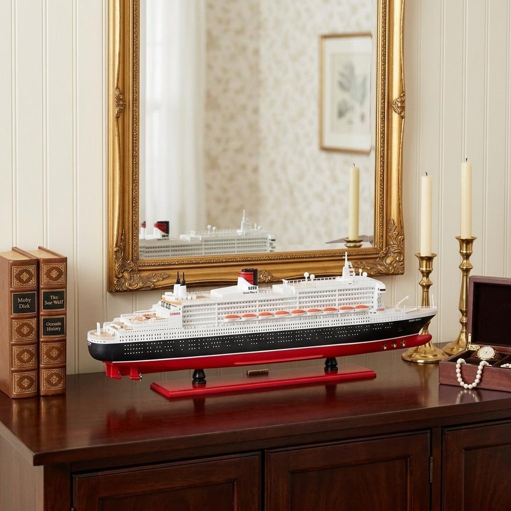 13" Black and Red RMS Queen Mary II Large Boat Hand Painted Decorative Boat HomeRoots