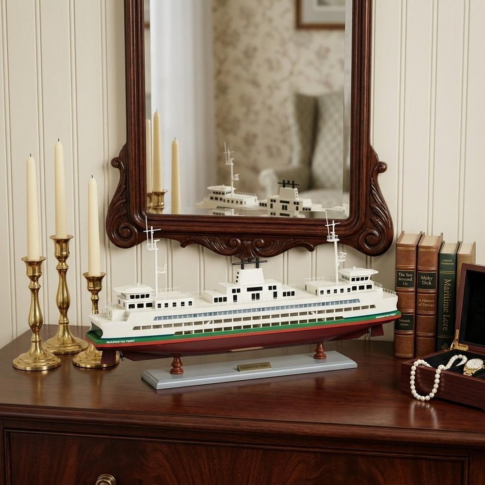 11" Brown and White Washington Ferry Boat Hand Painted Decorative Boat HomeRoots