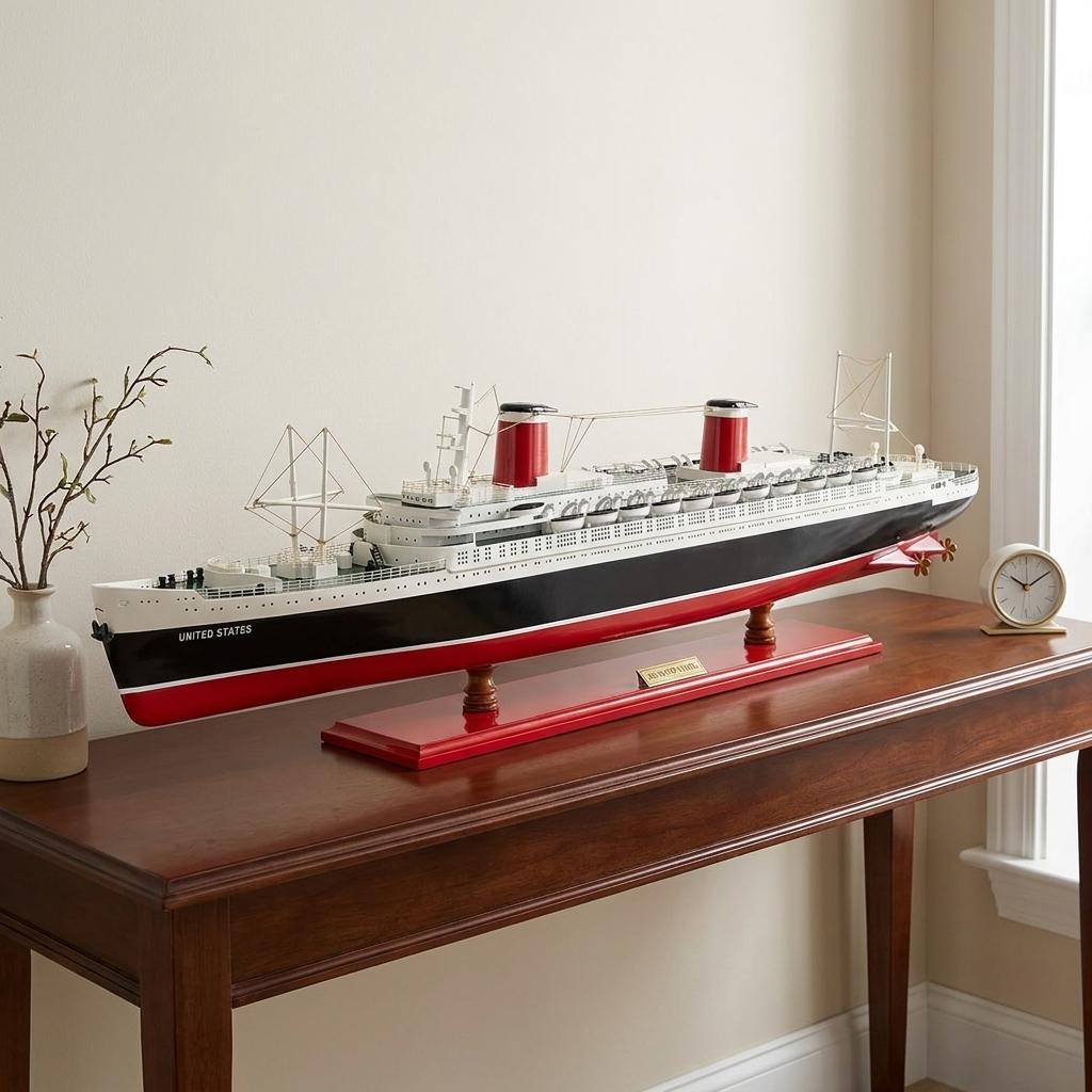 9" Black and Red Solid Wood Hand Painted SS United States 1952 Model Boat HomeRoots