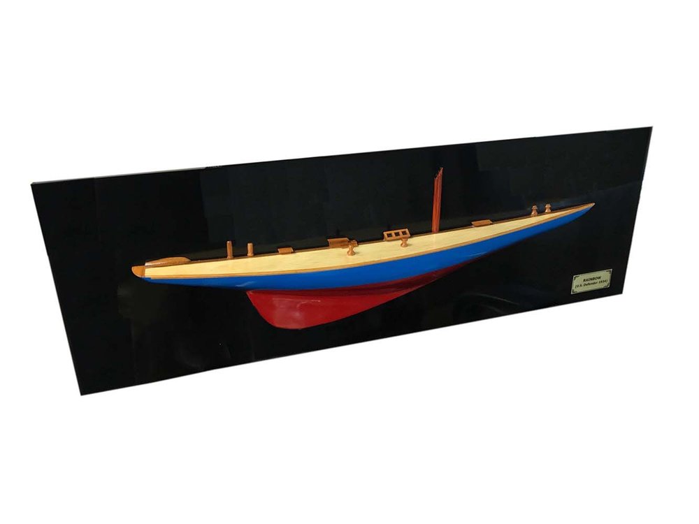 12" Blue and Red Solid Wood Hand Painted Rainbow Half-Hull Model Boat — view 1