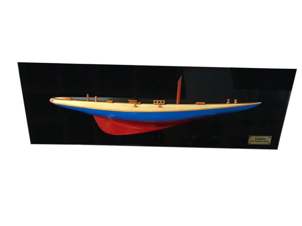 12" Blue and Red Solid Wood Hand Painted Rainbow Half-Hull Model Boat — view 2
