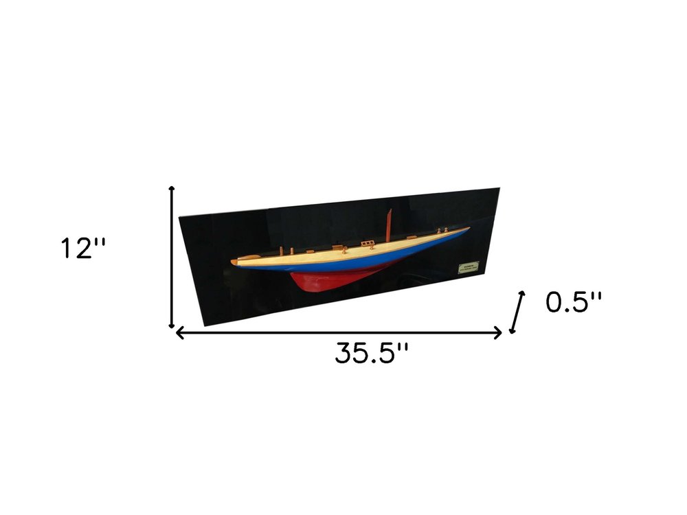 12" Blue and Red Solid Wood Hand Painted Rainbow Half-Hull Model Boat HomeRoots