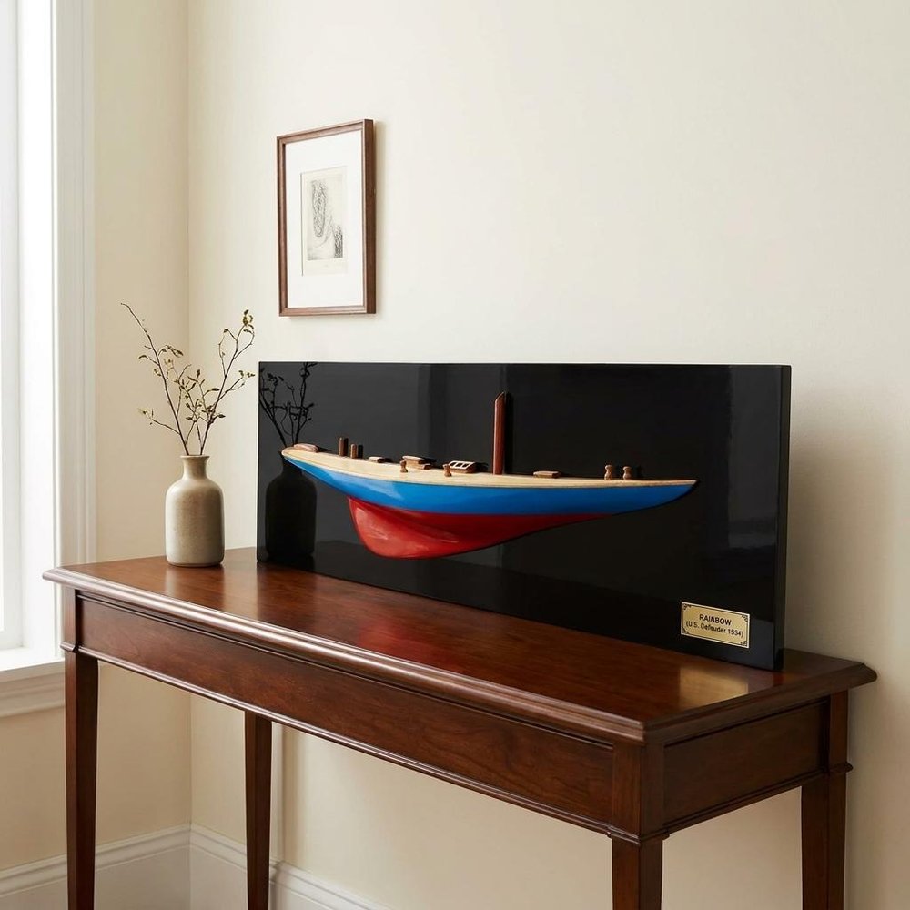 12" Blue and Red Solid Wood Hand Painted Rainbow Half-Hull Model Boat HomeRoots