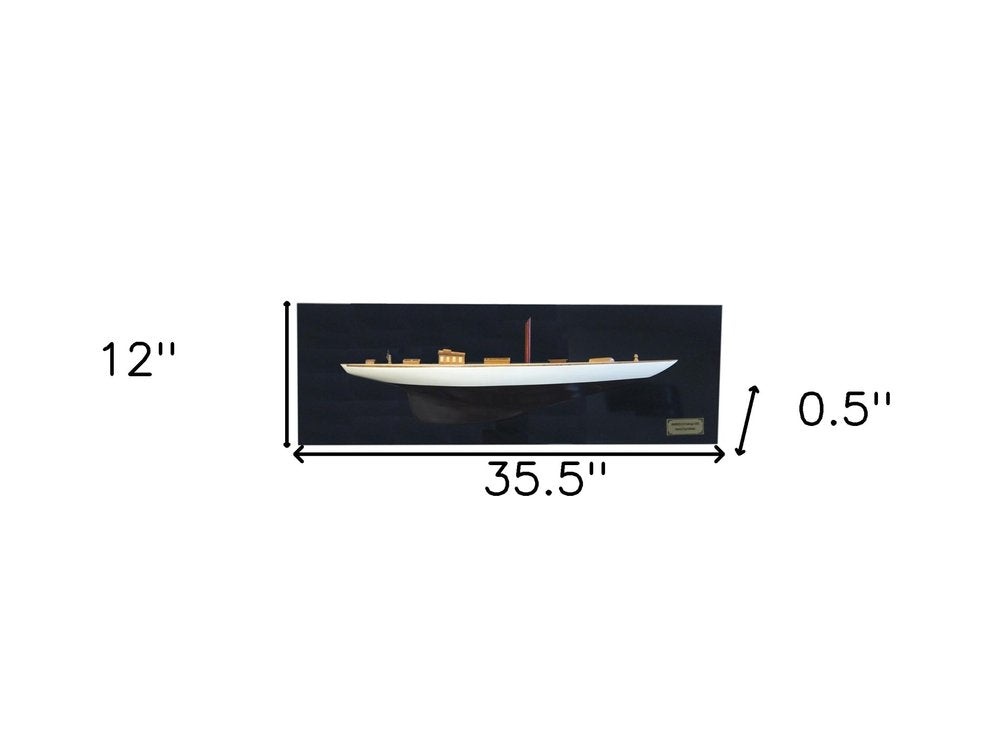 12" Black and White Solid Wood Hand Painted Shamrock V Yacht Half-Hull Model Boat — view 10