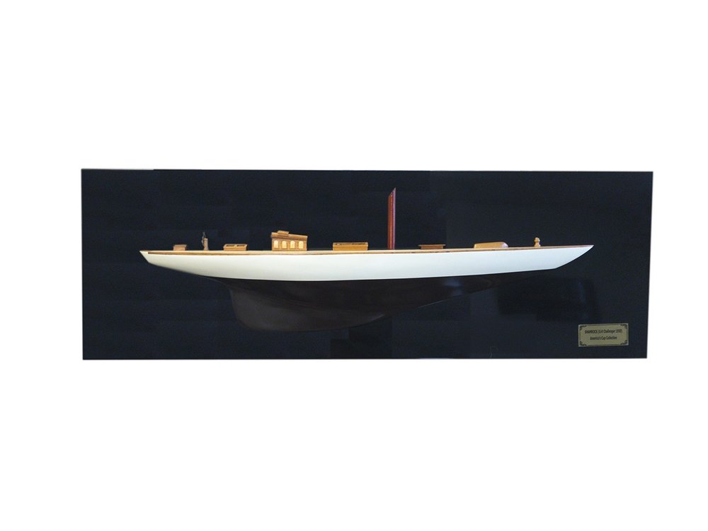 12" Black and White Solid Wood Hand Painted Shamrock V Yacht Half-Hull Model Boat HomeRoots