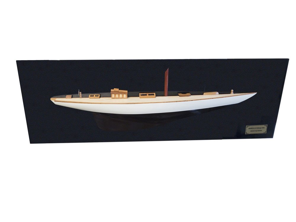 12" Black and White Solid Wood Hand Painted Shamrock V Yacht Half-Hull Model Boat HomeRoots