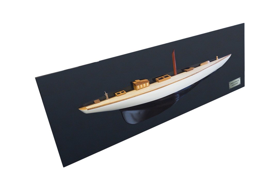 12" Black and White Solid Wood Hand Painted Shamrock V Yacht Half-Hull Model Boat HomeRoots