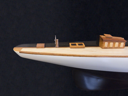 12" Black and White Solid Wood Hand Painted Shamrock V Yacht Half-Hull Model Boat