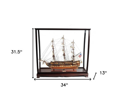 32" Wood Brown Solid Wood Hand Painted 1797 USS Constitution Medium Display Case Model Boat HomeRoots