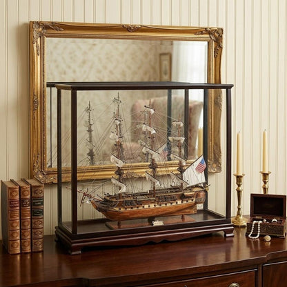 32" Wood Brown Solid Wood Hand Painted 1797 USS Constitution Medium Display Case Model Boat HomeRoots