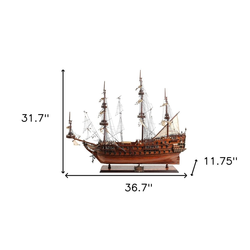 32" Wood Brown Solid Wood Hand Painted c1665 Zeven Provincien Model Boat HomeRoots