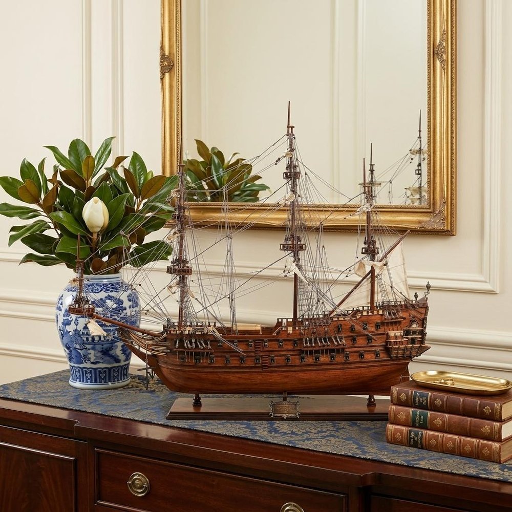 32" Wood Brown Solid Wood Hand Painted c1665 Zeven Provincien Model Boat HomeRoots