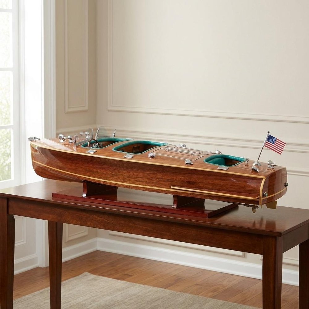 9" Wood Brown Solid Wood Hand Painted c1928 Chris Craft Triple Cockpit Large Model Boat HomeRoots