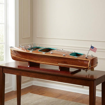 9" Wood Brown Solid Wood Hand Painted c1928 Chris Craft Triple Cockpit Large Model Boat HomeRoots