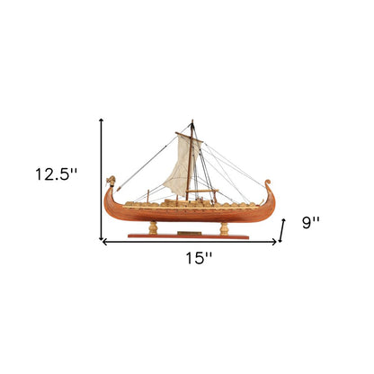 13" Wood Brown Solid Wood Hand Painted Model Boat Tabletop Sculpture HomeRoots