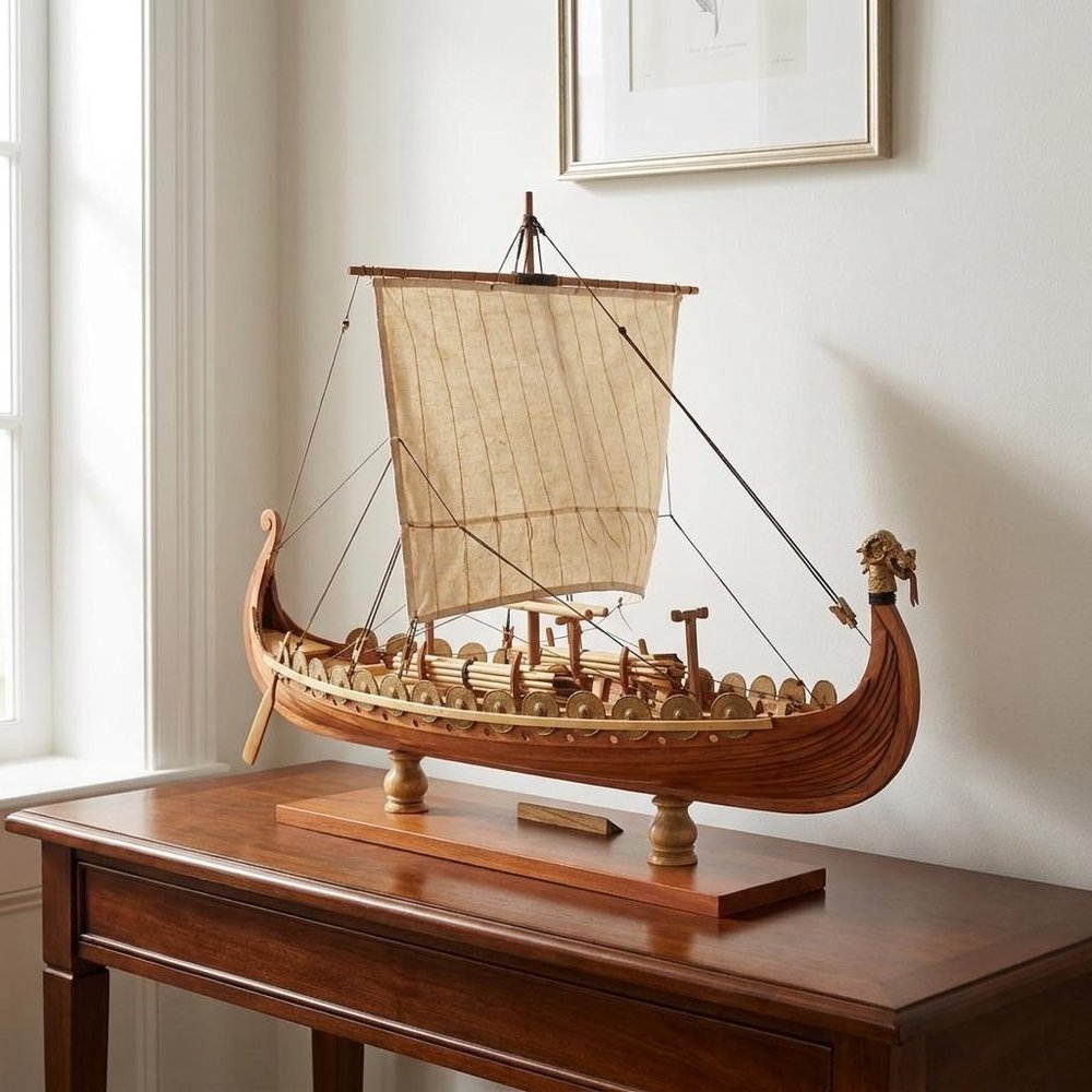 13" Wood Brown Solid Wood Hand Painted Model Boat Tabletop Sculpture HomeRoots