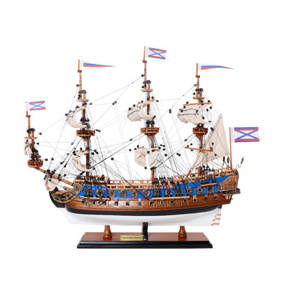 22" Blue and Brown Solid Wood Hand Painted 1700 Goto Predestination Medium Model Boat HomeRoots