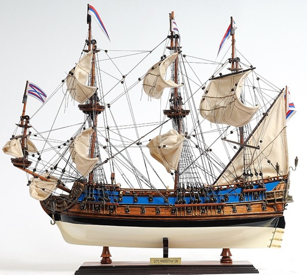 22" Blue and Brown Solid Wood Hand Painted 1700 Goto Predestination Medium Model Boat HomeRoots