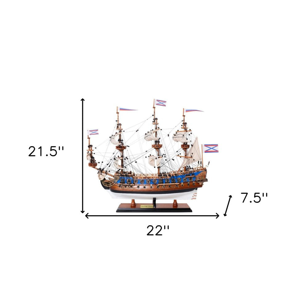 22" Blue and Brown Solid Wood Hand Painted 1700 Goto Predestination Medium Model Boat HomeRoots