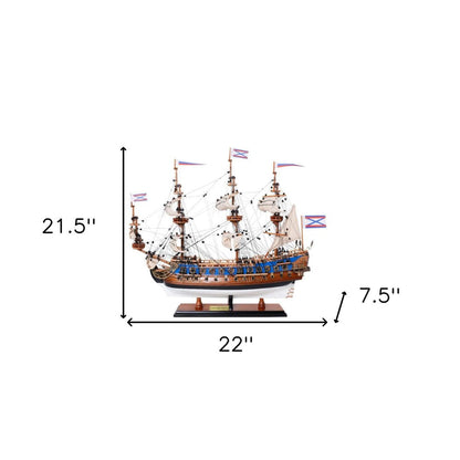22" Blue and Brown Solid Wood Hand Painted 1700 Goto Predestination Medium Model Boat HomeRoots
