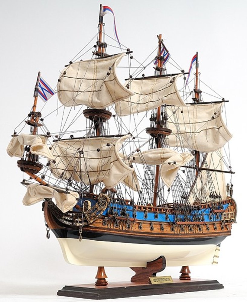 22" Blue and Brown Solid Wood Hand Painted 1700 Goto Predestination Medium Model Boat HomeRoots