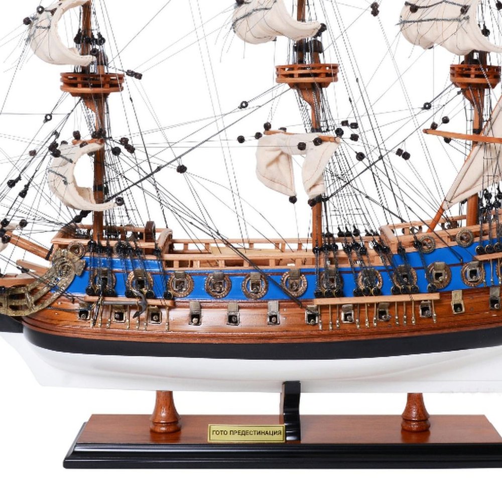 22" Blue and Brown Solid Wood Hand Painted 1700 Goto Predestination Medium Model Boat