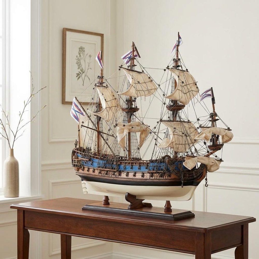 22" Blue and Brown Solid Wood Hand Painted 1700 Goto Predestination Medium Model Boat HomeRoots