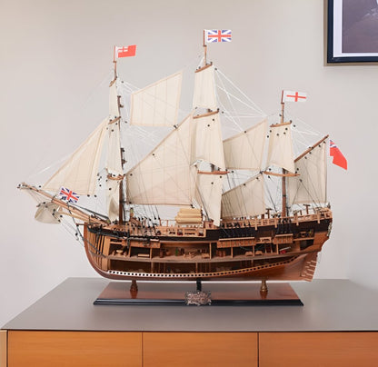34" Wood Brown Solid Wood Hand Painted HMS Endeavour 1768 Open Hull Model Boat HomeRoots